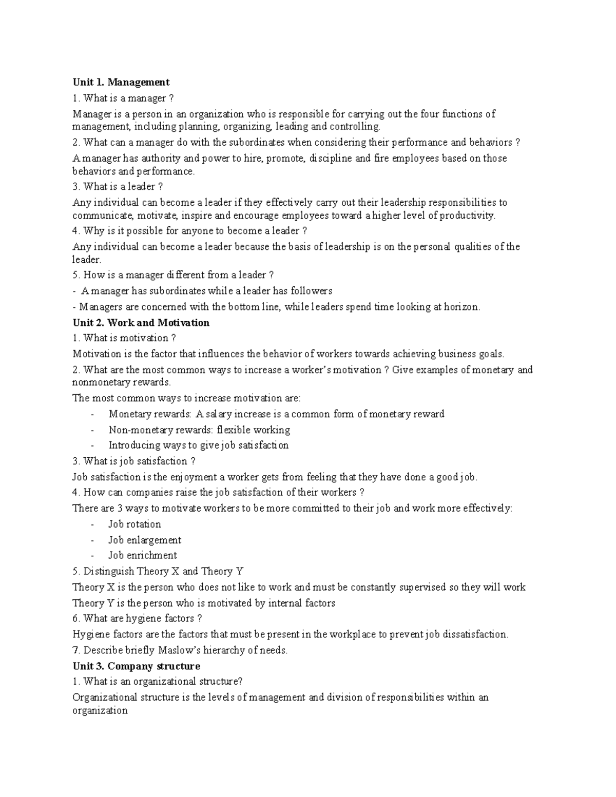 Unit Review Notes for Management Concepts - Course Code MGMT101 - Studocu