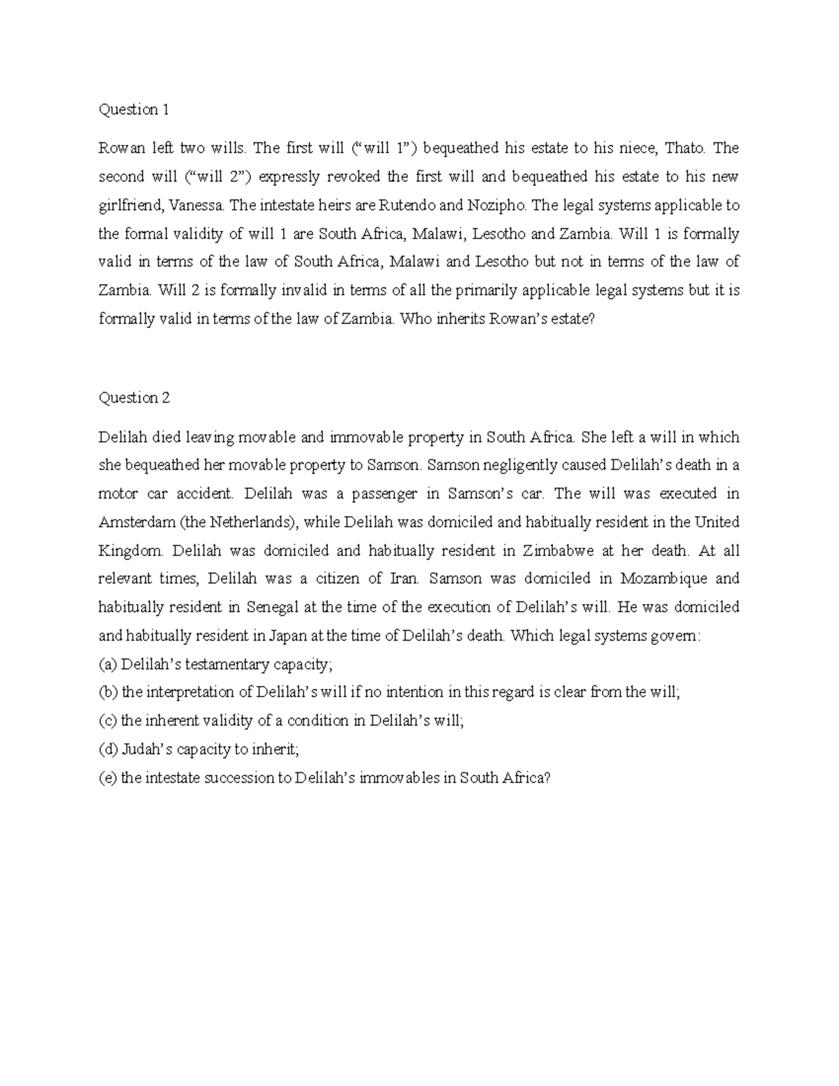 Succession Law Questions: Wills and Inheritance Analysis - Studocu