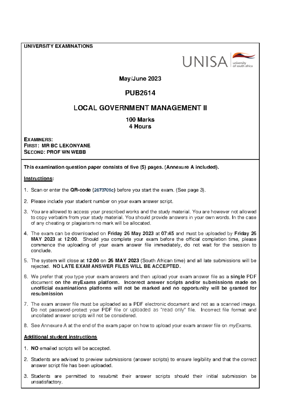 PUB2614 LOCAL GOVERNMENT MANAGEMENT II EXAM Paper MAY-JUNE 2023 - Studocu