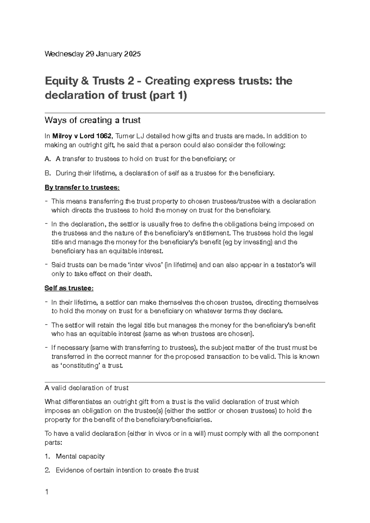 E&T 2 - Creation of express trusts - Wednesday 29 January 2025 Equity ...