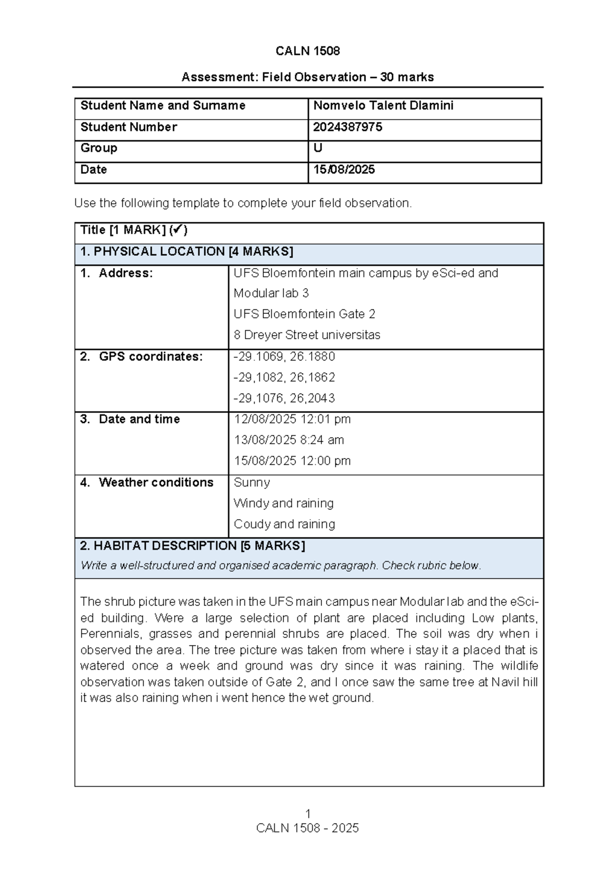 CALN 1508 Field Observation Assessment Template (30 Marks) - Studocu