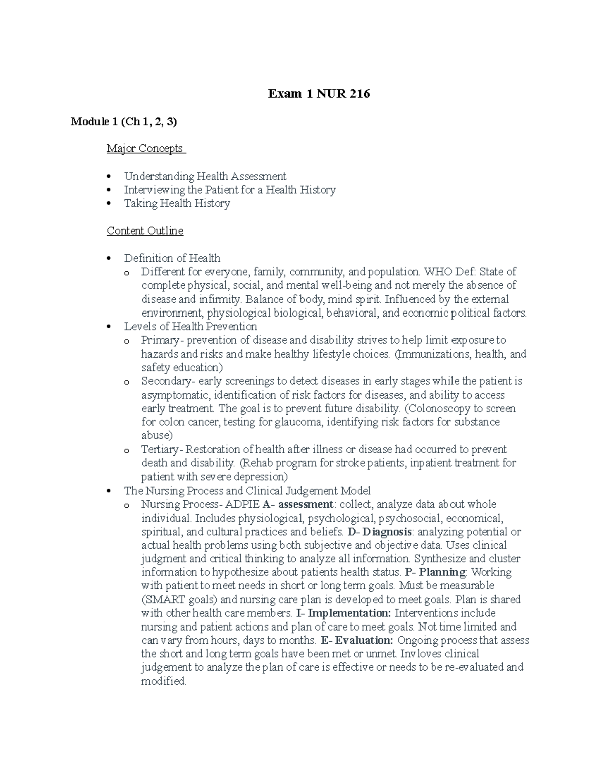 NUR 216 Health Assessment Exam 1 Study Guide & Key Concepts - Studocu