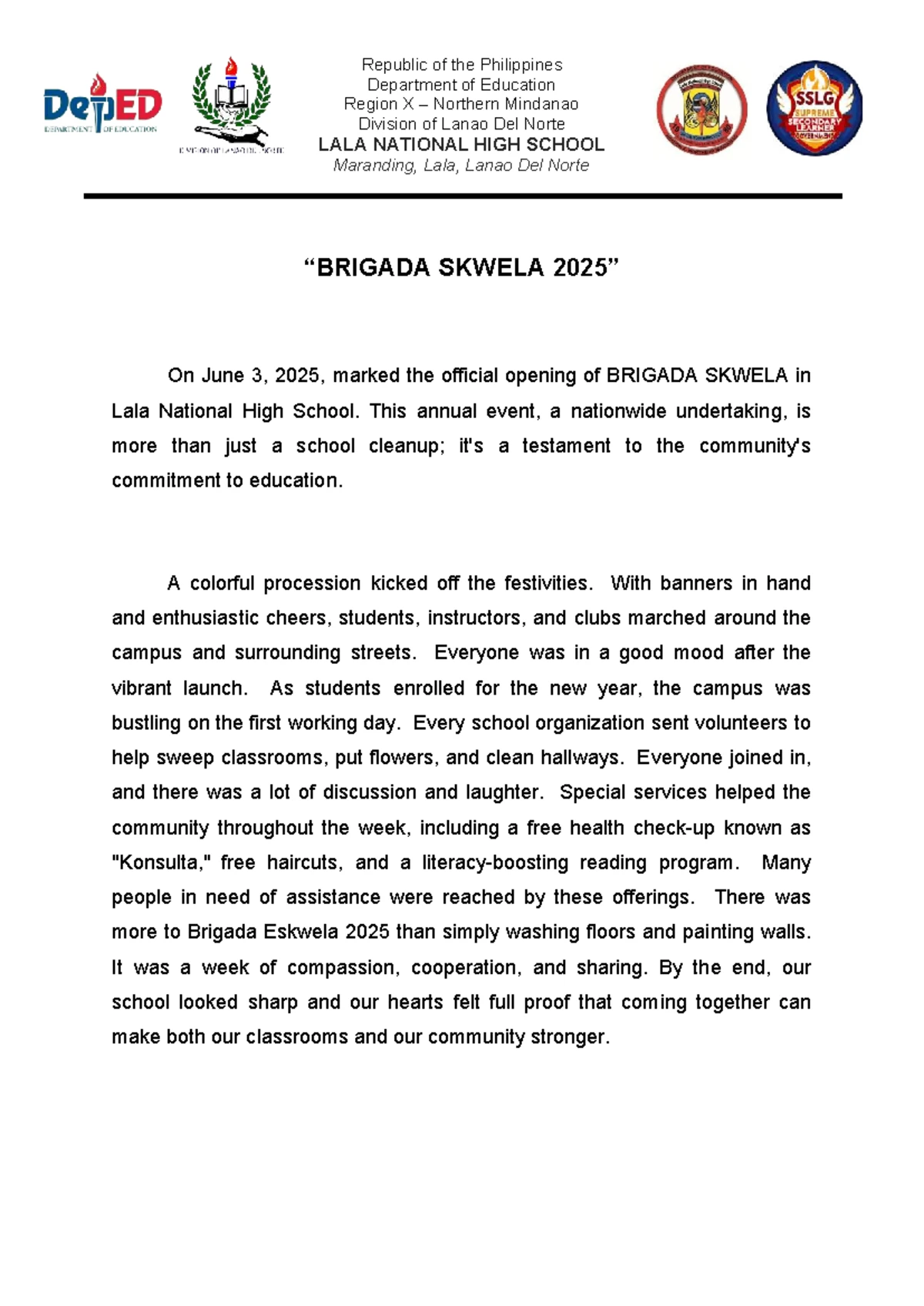 Brigada Eskwela Narrative Report - Grade 12 Representatives - Studocu