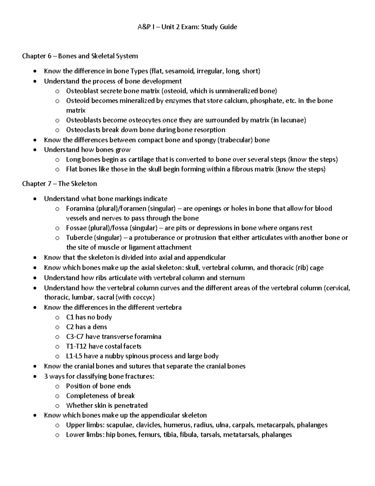 A&P I – Unit 2 Exam: Study Guide on Bones & Skeletal System - Studocu