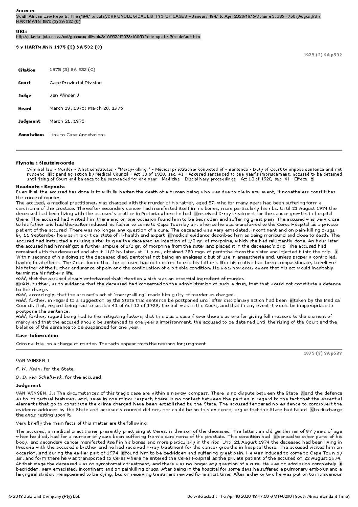 Hartmann - Causation Case - Source: South African Law Reports, The ...