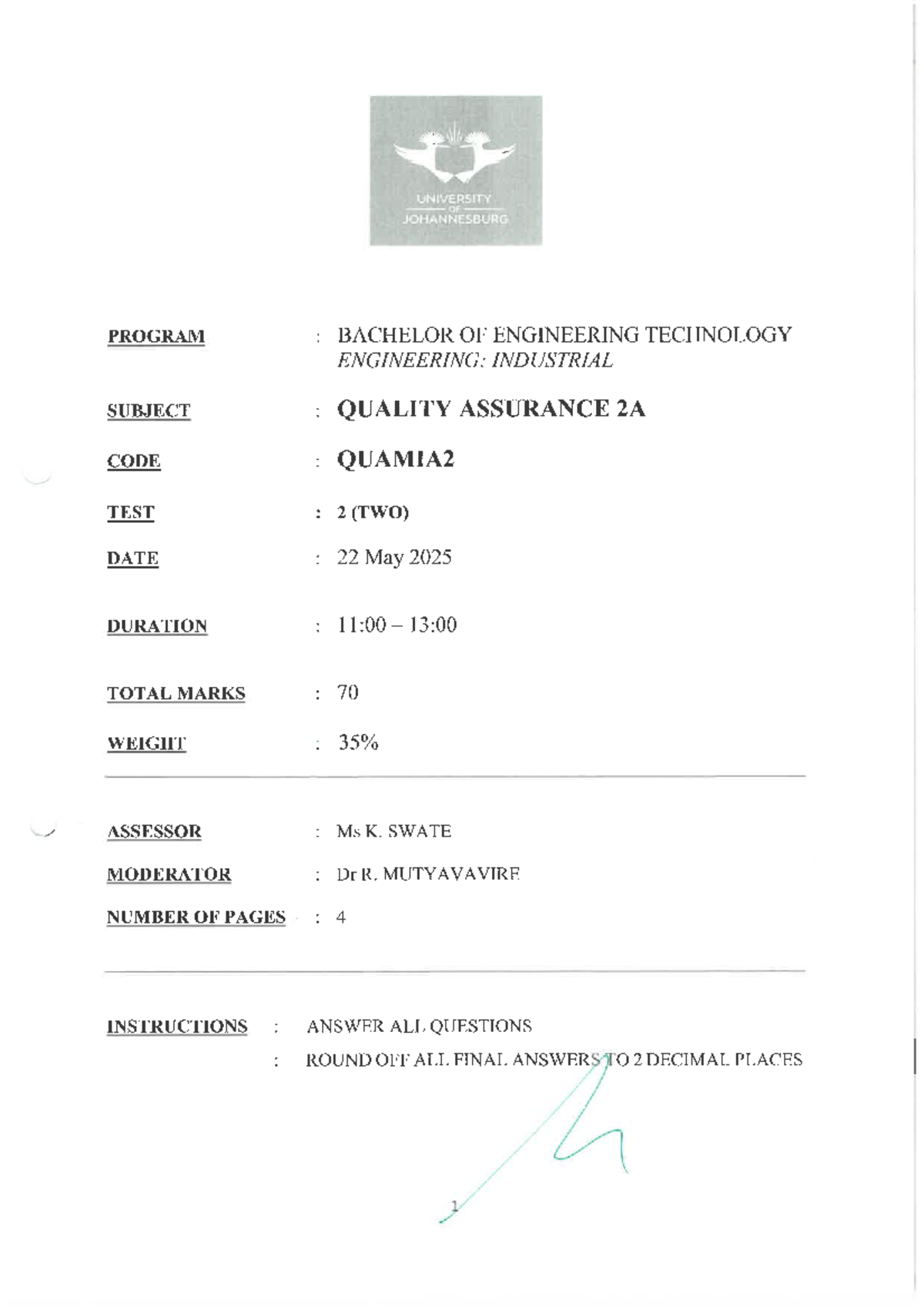 Quality Assurance 2A (QUAMIA2) Test 2 Question Paper - Practice - Studocu