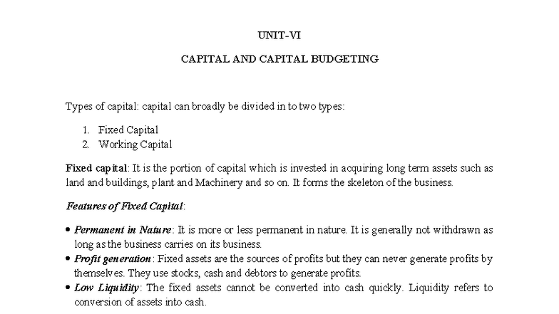 UNIT-5 - Capital and Capital Budgeting Overview and Techniques - Studocu