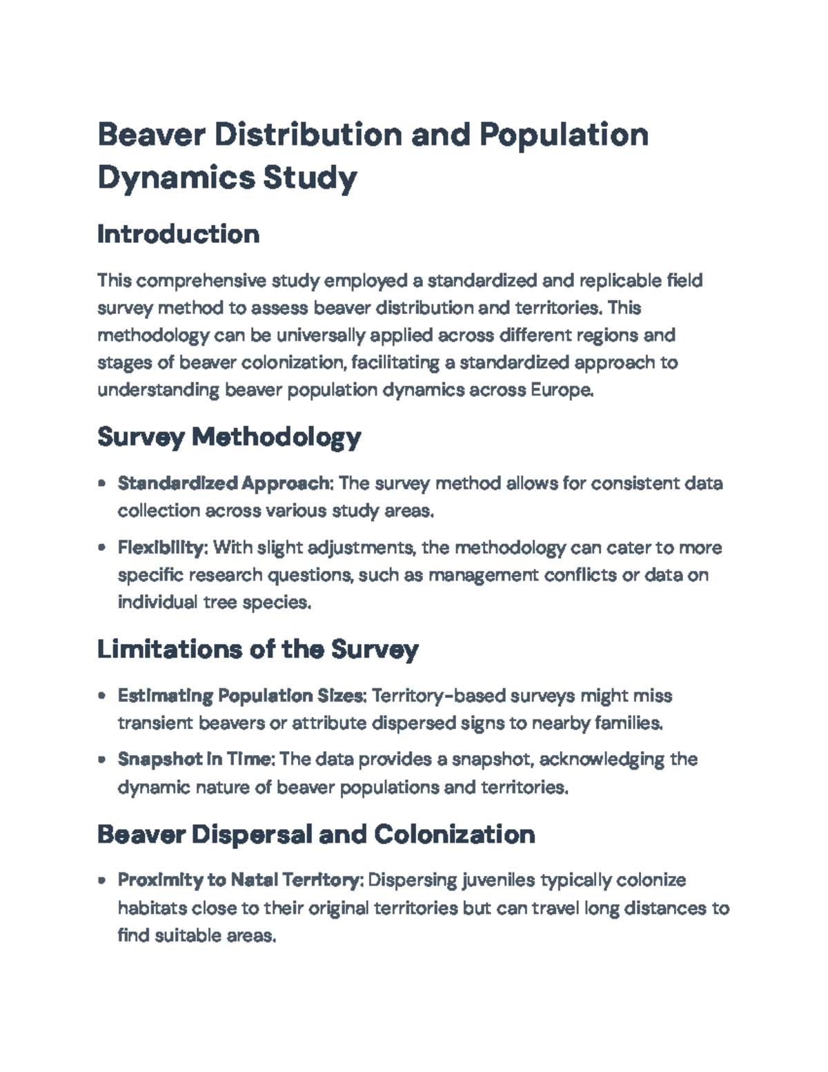 Beaver Distribution and Population Dynamics Study: Methodology Insights ...