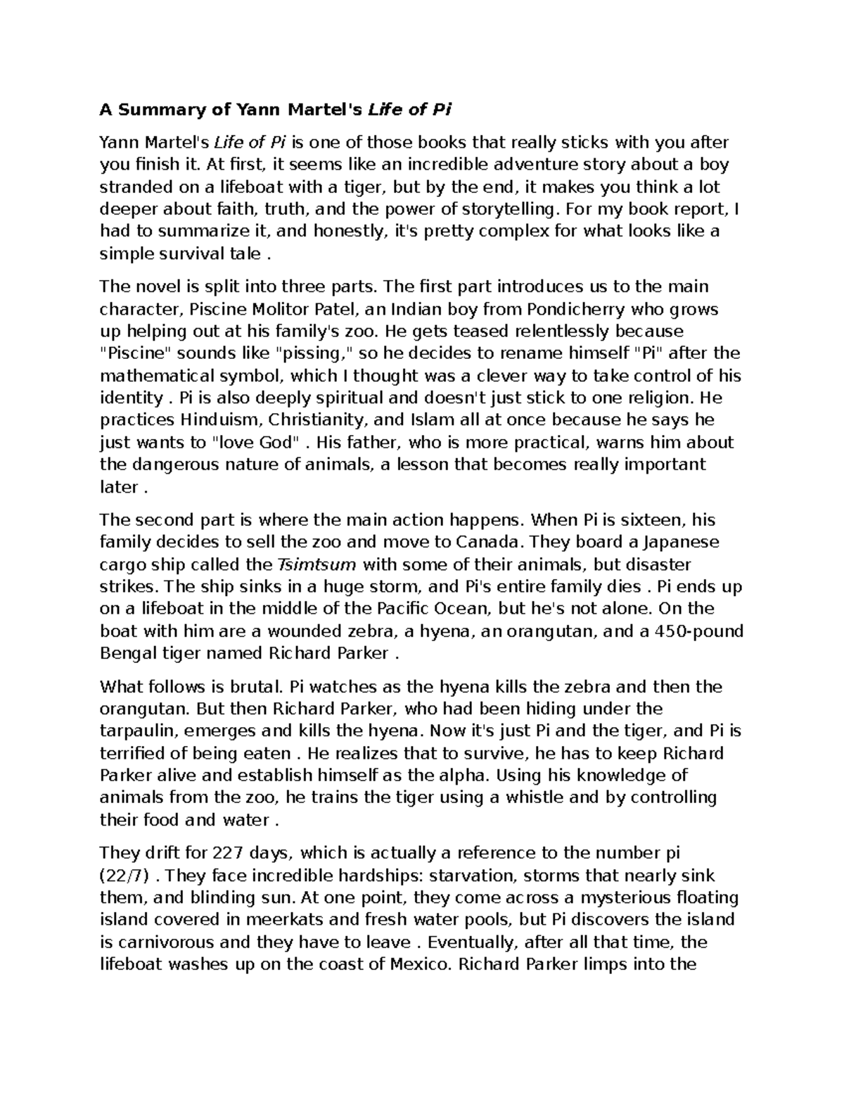 English Prescribed: Summary of Yann Martel's Life of Pi - Studocu