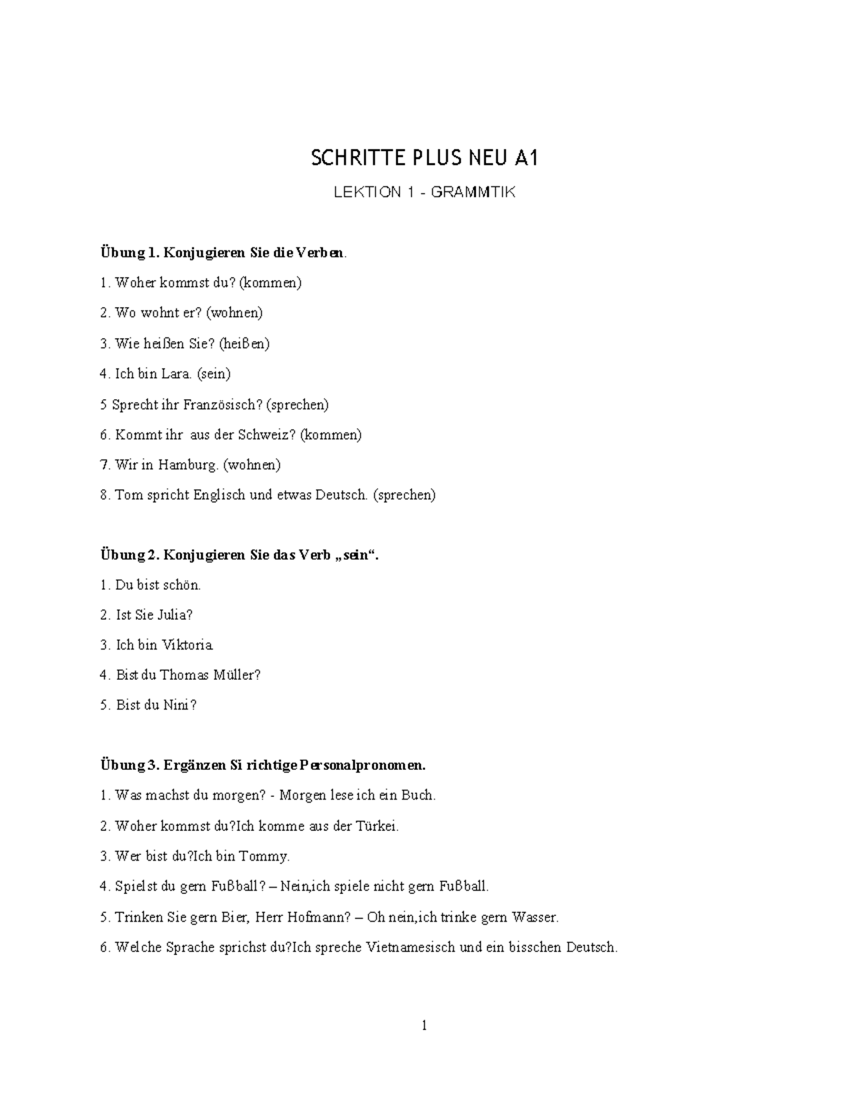SCHRITTE PLUS NEU A1 LEKTION 1 GRAMMATIK ÜBUNGEN UND LESEN - Studocu