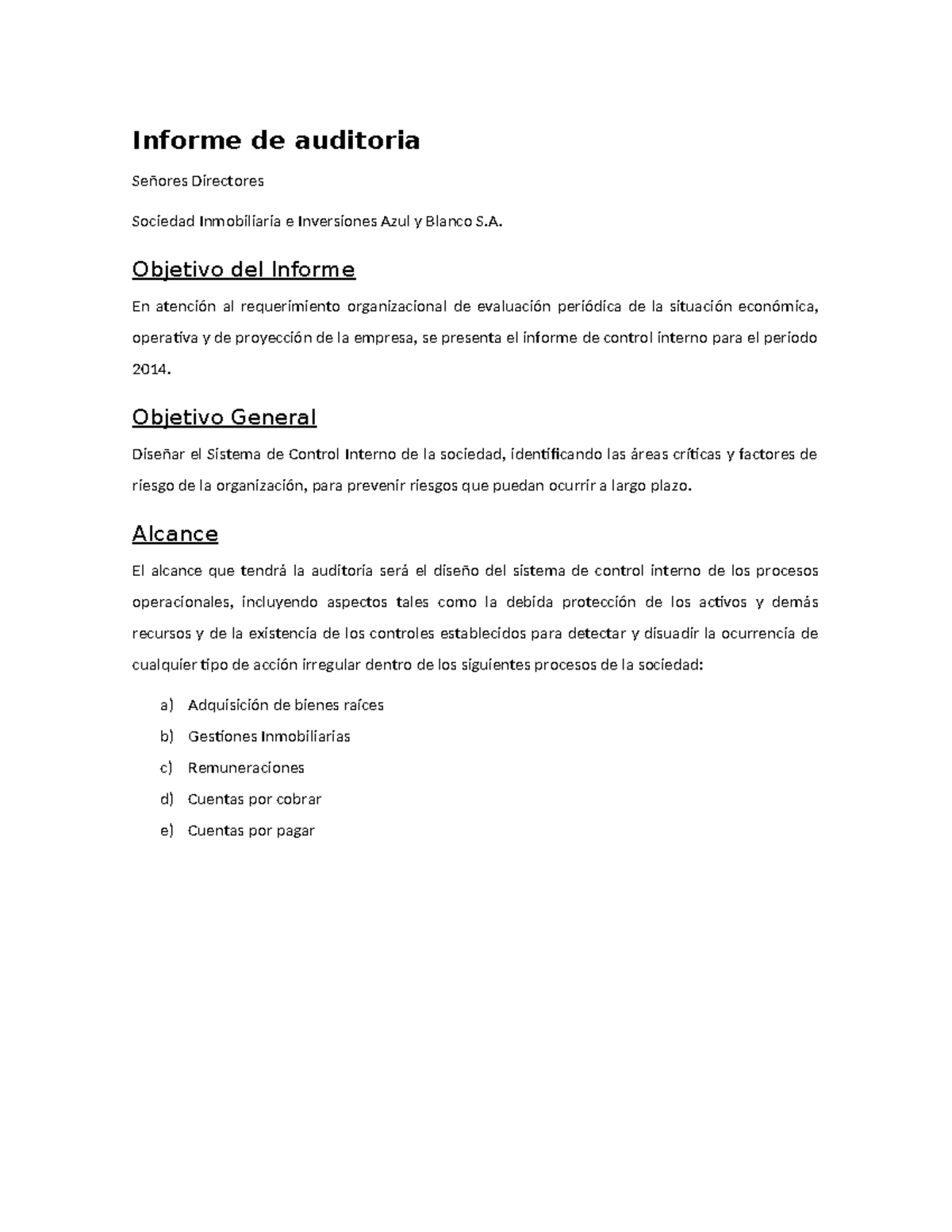 Informe de Auditoría de Control Interno - 2014 - Studocu