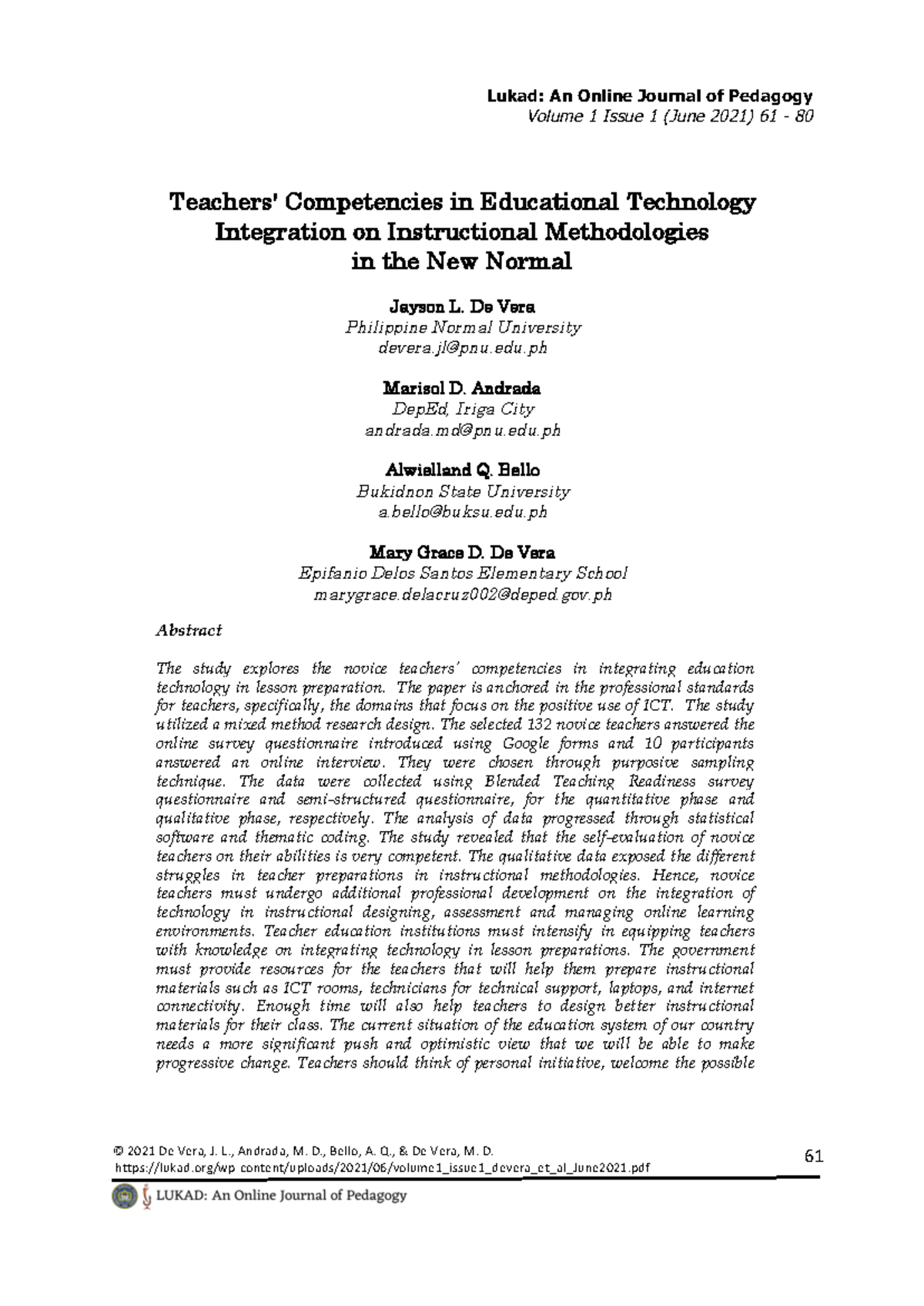 Teachers' Competencies in Educational Technology Integration (V1 I1 ...