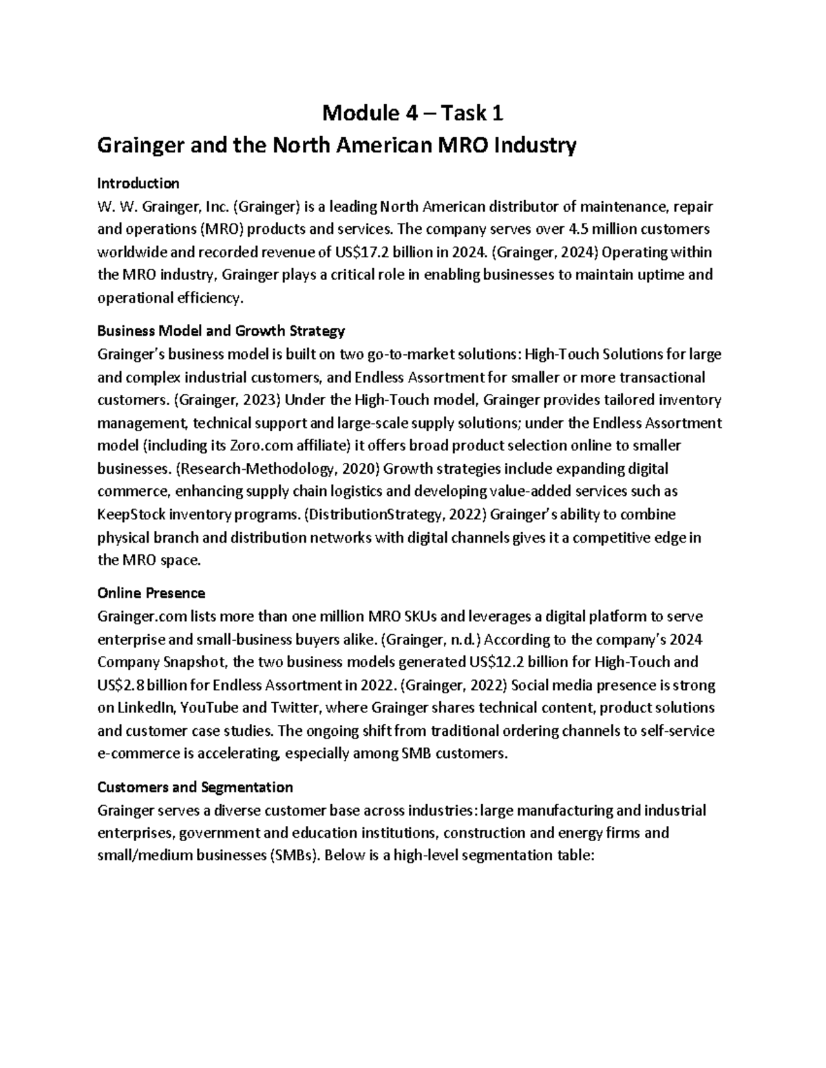 Module 4 Task 1: Grainger's Role in North American MRO Industry - Studocu