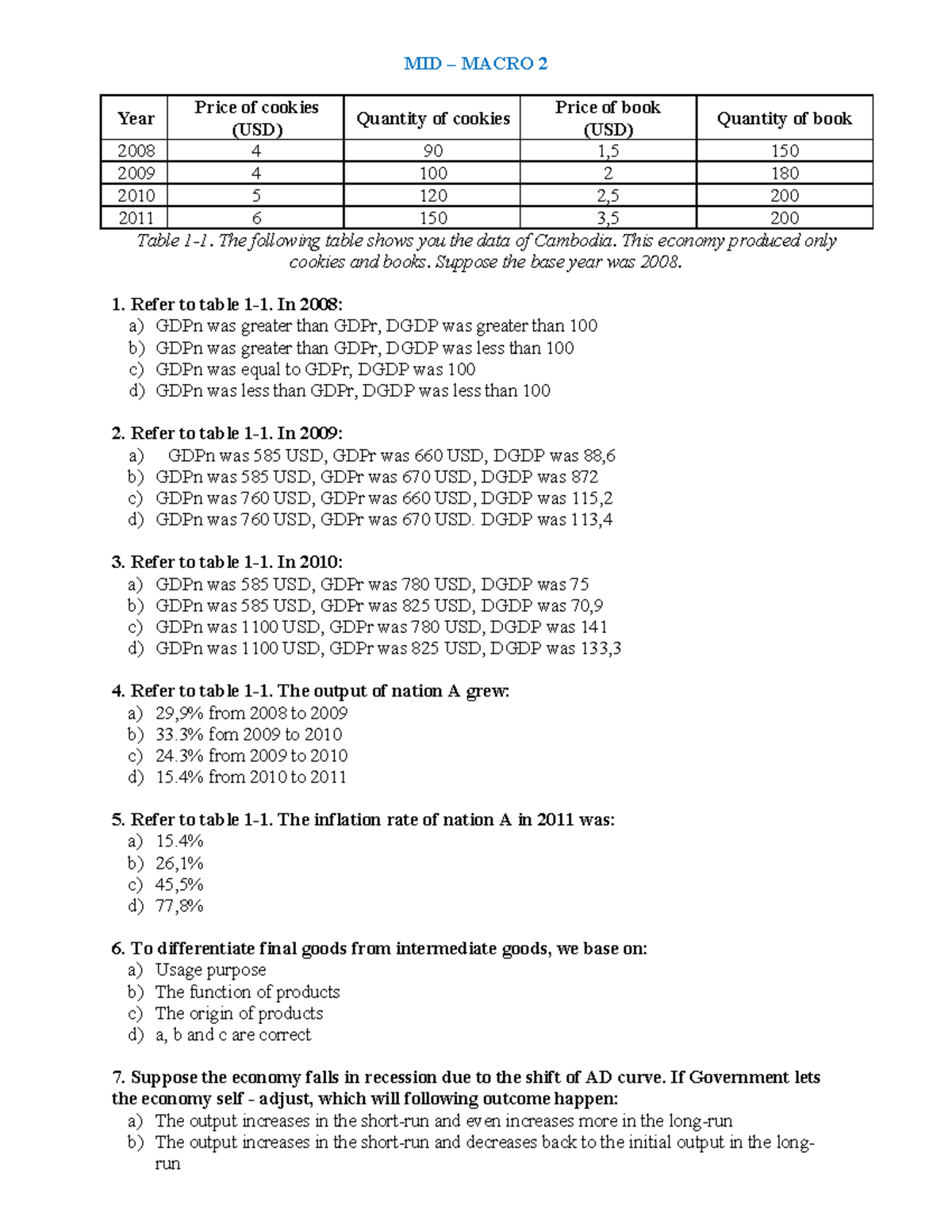 MID MACRO 2 - GDP Analysis and Economic Concepts Exercises - Studocu