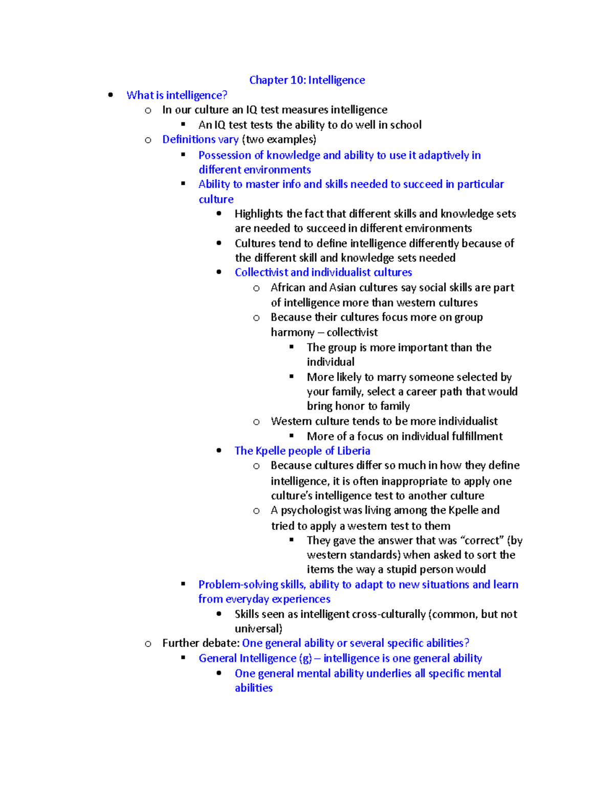 Chapter 10: Intelligence notes - Chapter 10: Intelligence What is ...
