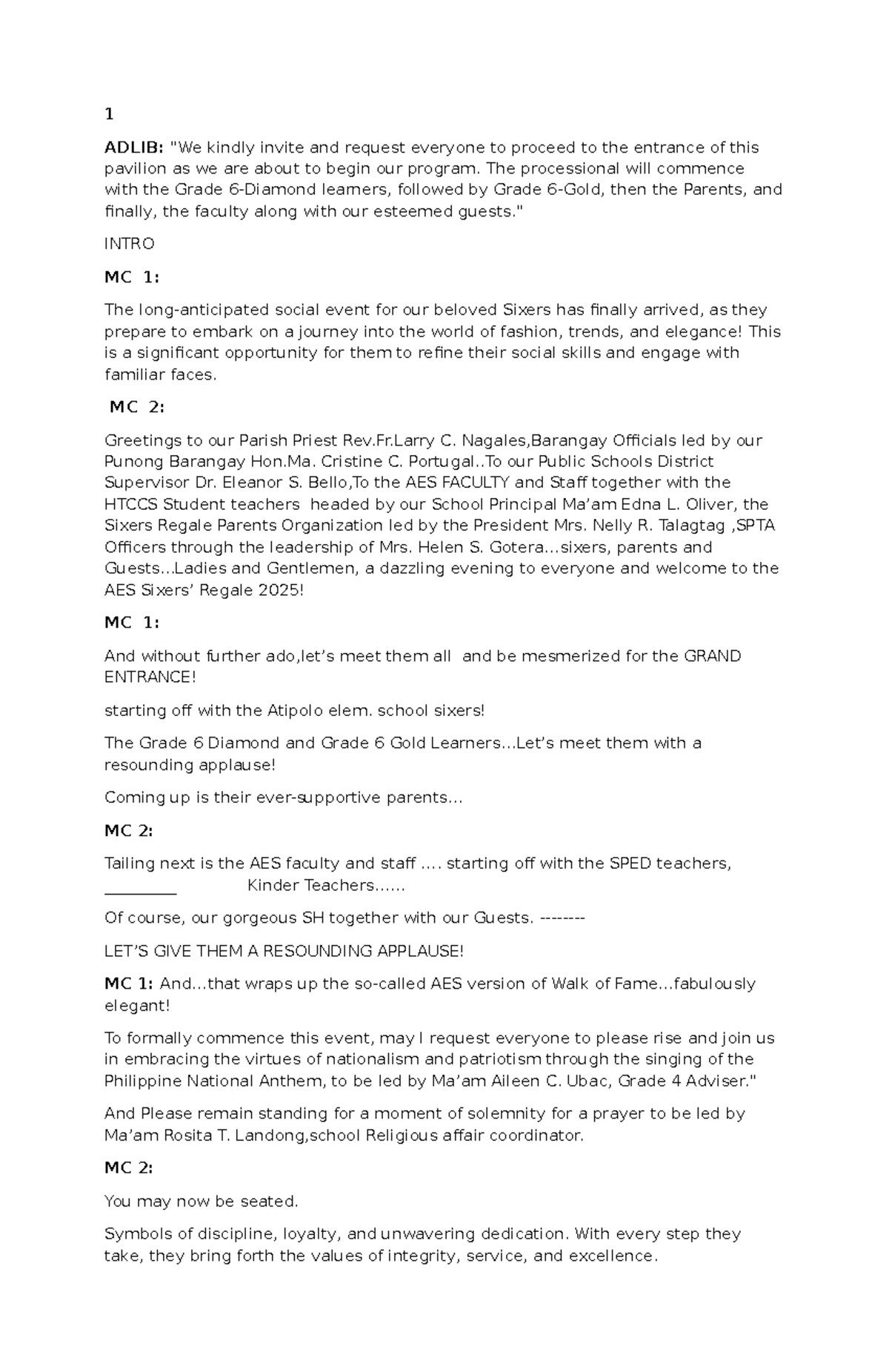 Emcee Script for AES Regale 2025 Event Celebration - Studocu