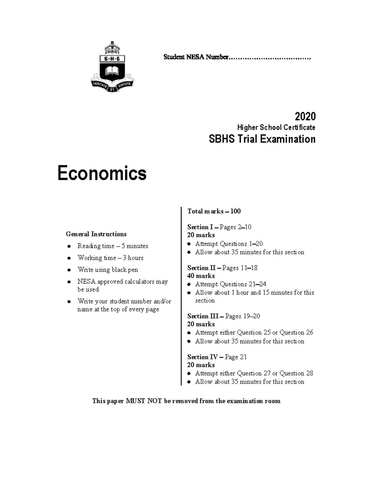 SBHS 2020 Trial Exam: Economics HSC - Total Marks & Instructions - Studocu