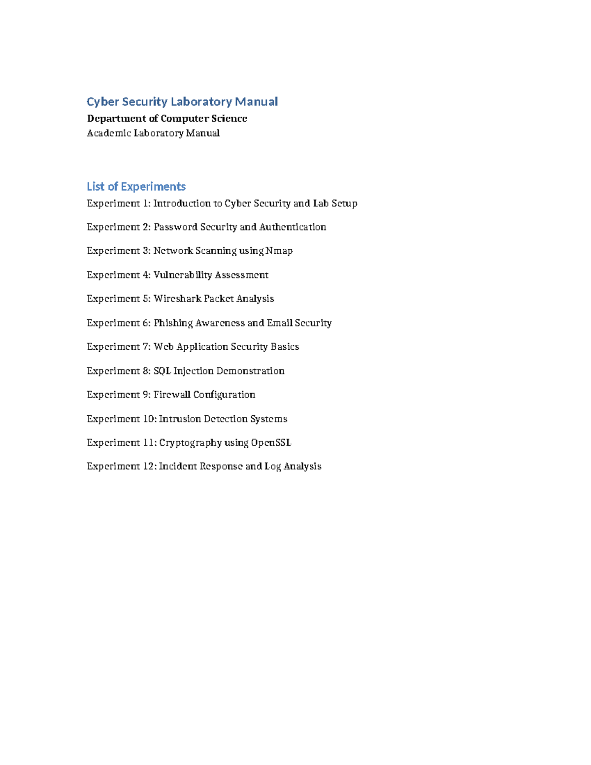 Cyber Security Lab Manual (CS101): Experiments & Procedures - Studocu