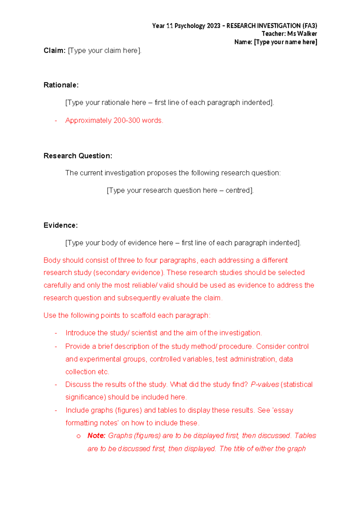 Research investigation template (with notes) - Teacher: Ms Walker Name ...