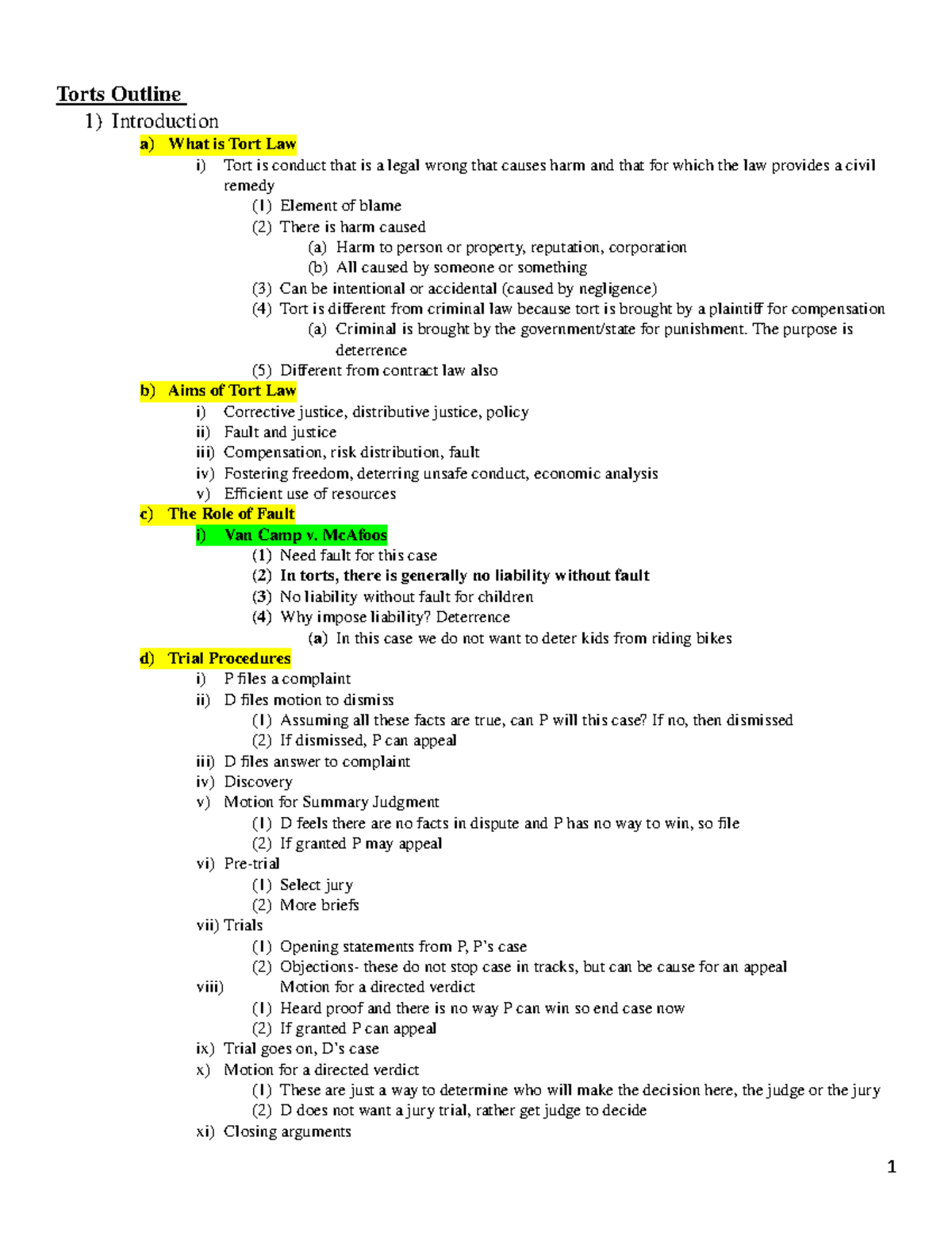 Torts Outline - Torts Outline 1) Introduction a) What is Tort Law 