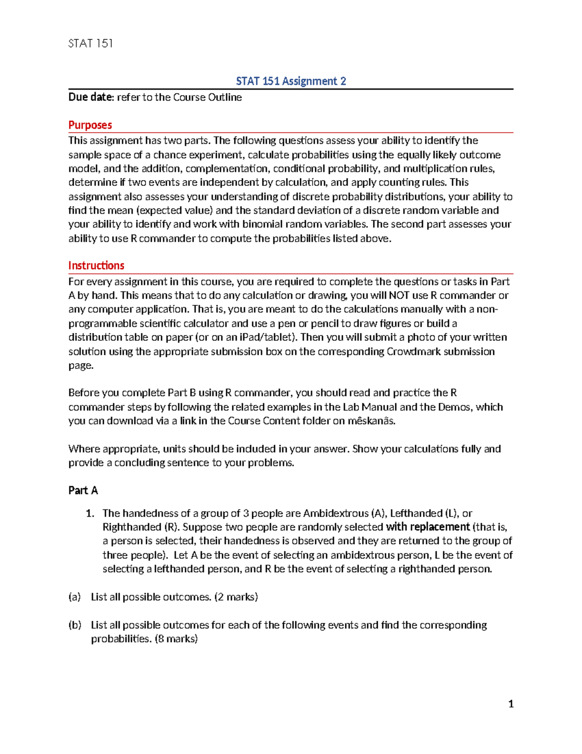 STAT 151 Assignment 2: Probability and R Commander Analysis Winter 2024 ...