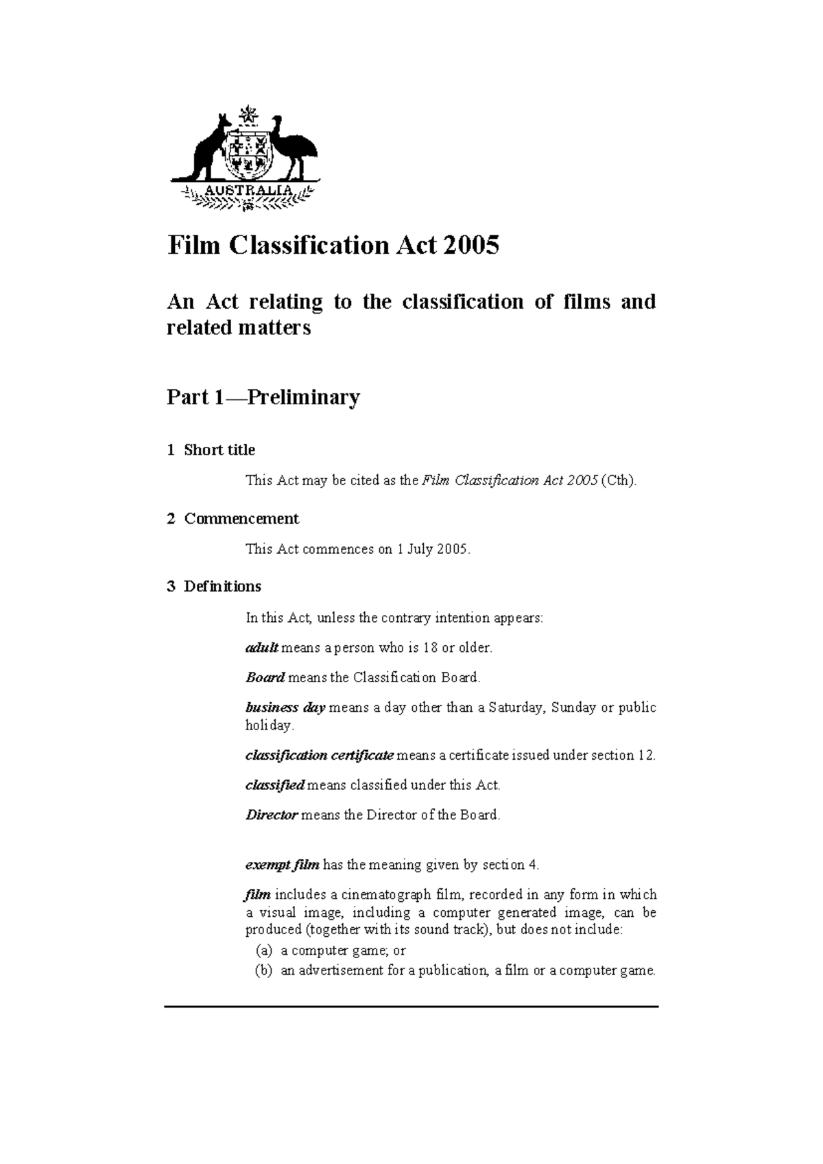 Exam May 2019, questions - Film Classification Act 2005 An Act relating ...