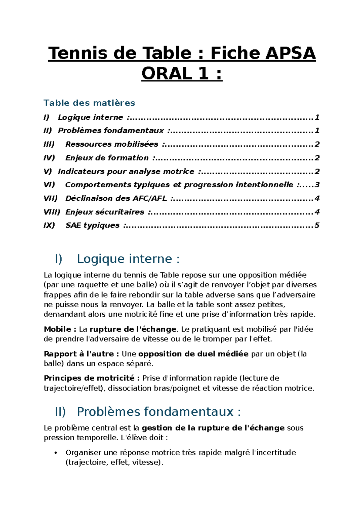 Tennis de Table : Fiche de Révision pour l'Oral 1 CAPEPS - Studocu