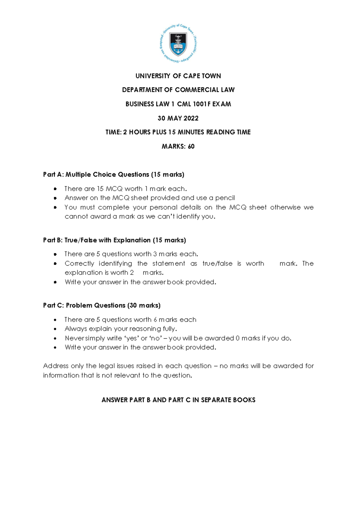 PHI2043F Business Law 1 Exam - UCT - 30 May 2022 - Studocu