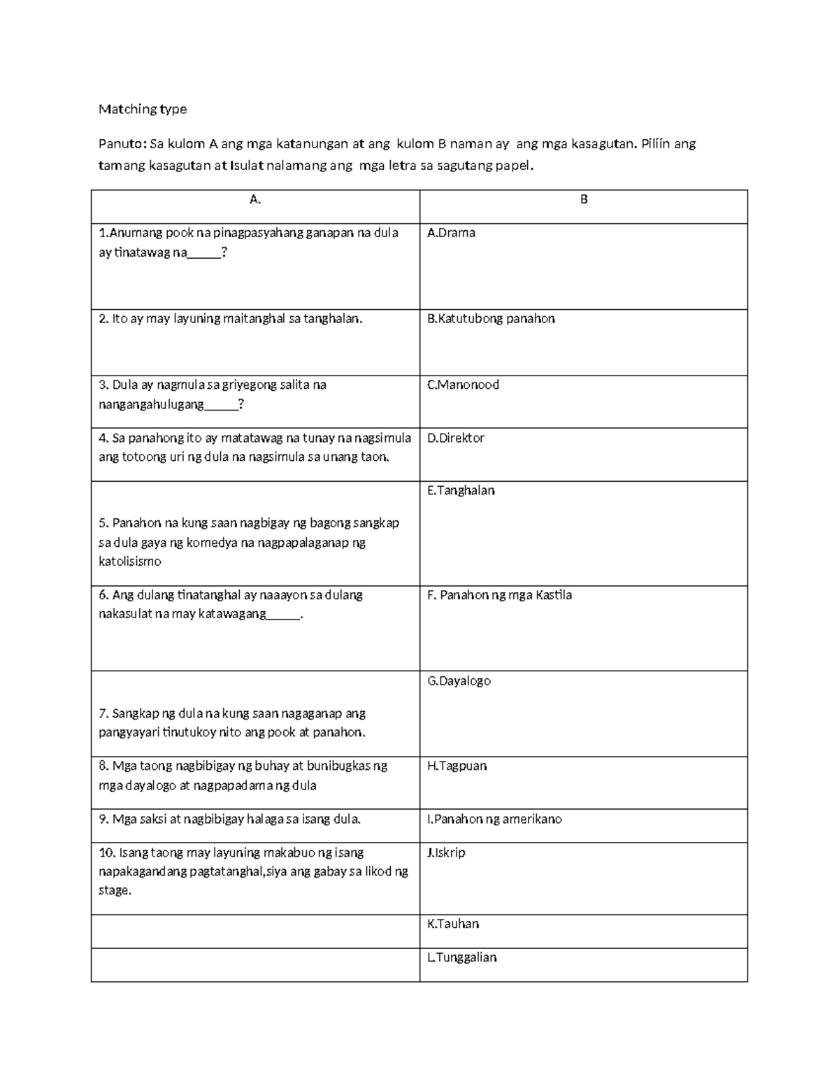 Test Questions for Theater Studies (Course Code: TS 101) - Studocu