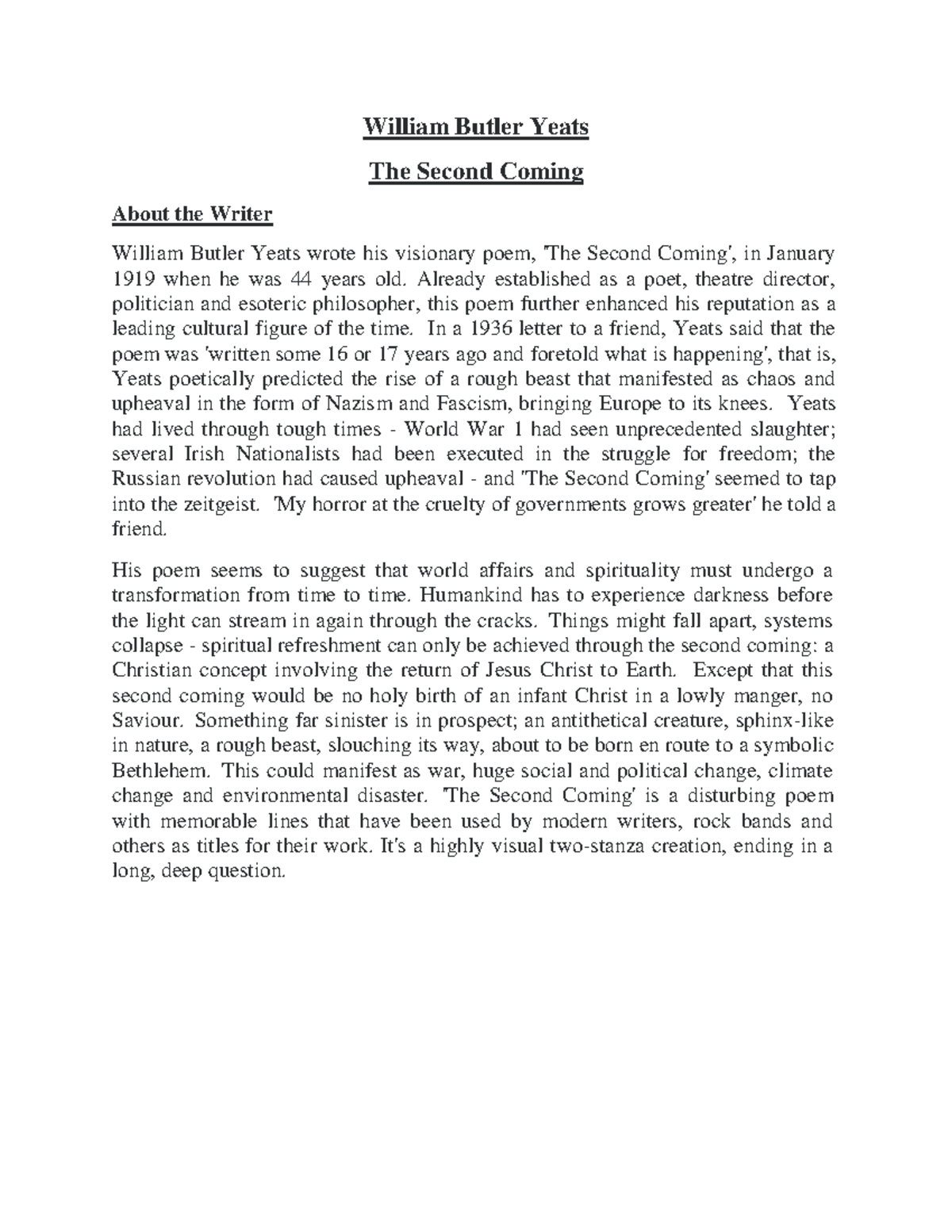 William Butler Yeats: The Second Coming Analysis - AS - Studocu
