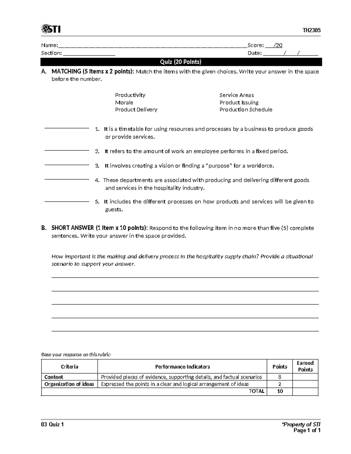 TH2305 Quiz 1: Matching & Short Answer on Hospitality Supply Chain ...