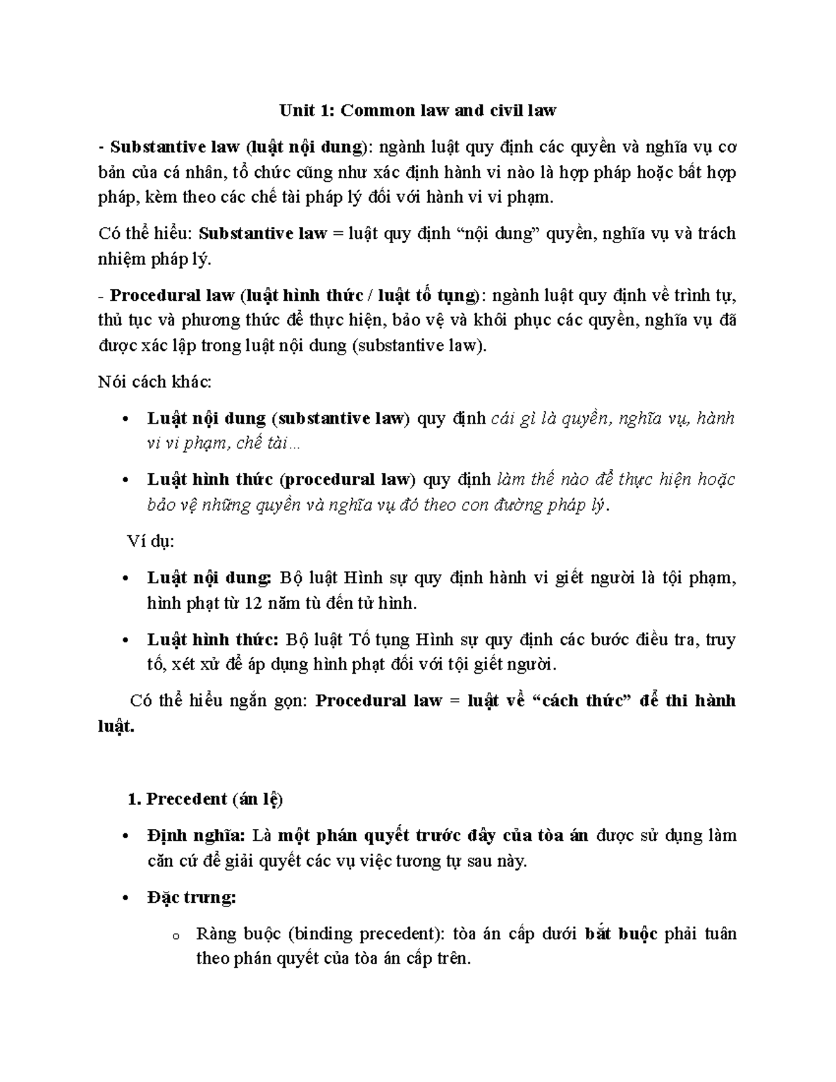 Unit 1: Common Law vs Civil Law - Key Concepts and Definitions - Studocu