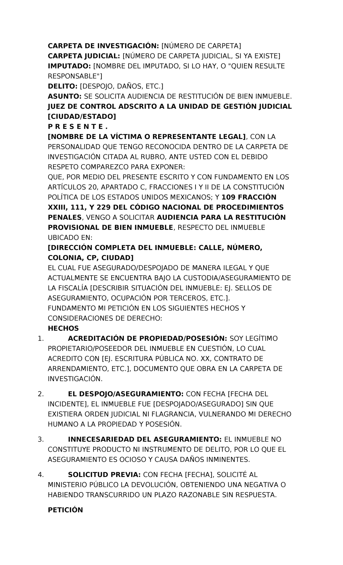 Solicitud de Audiencia de Restitución de Bien Inmueble (ART. 111 CNPP) - Document Preview