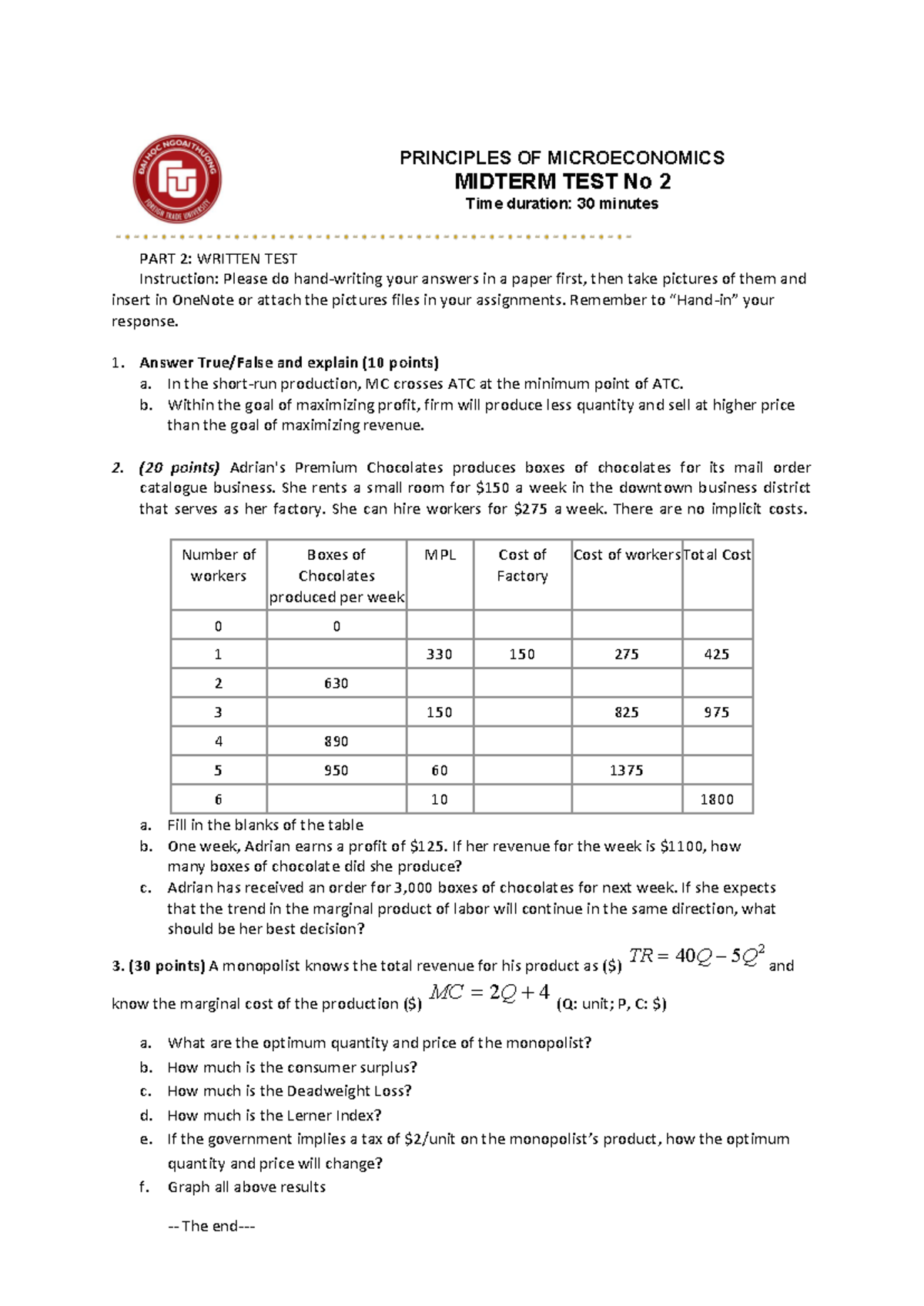 Midterm Test 2: Principles of Microeconomics - Exam Notes - Studocu