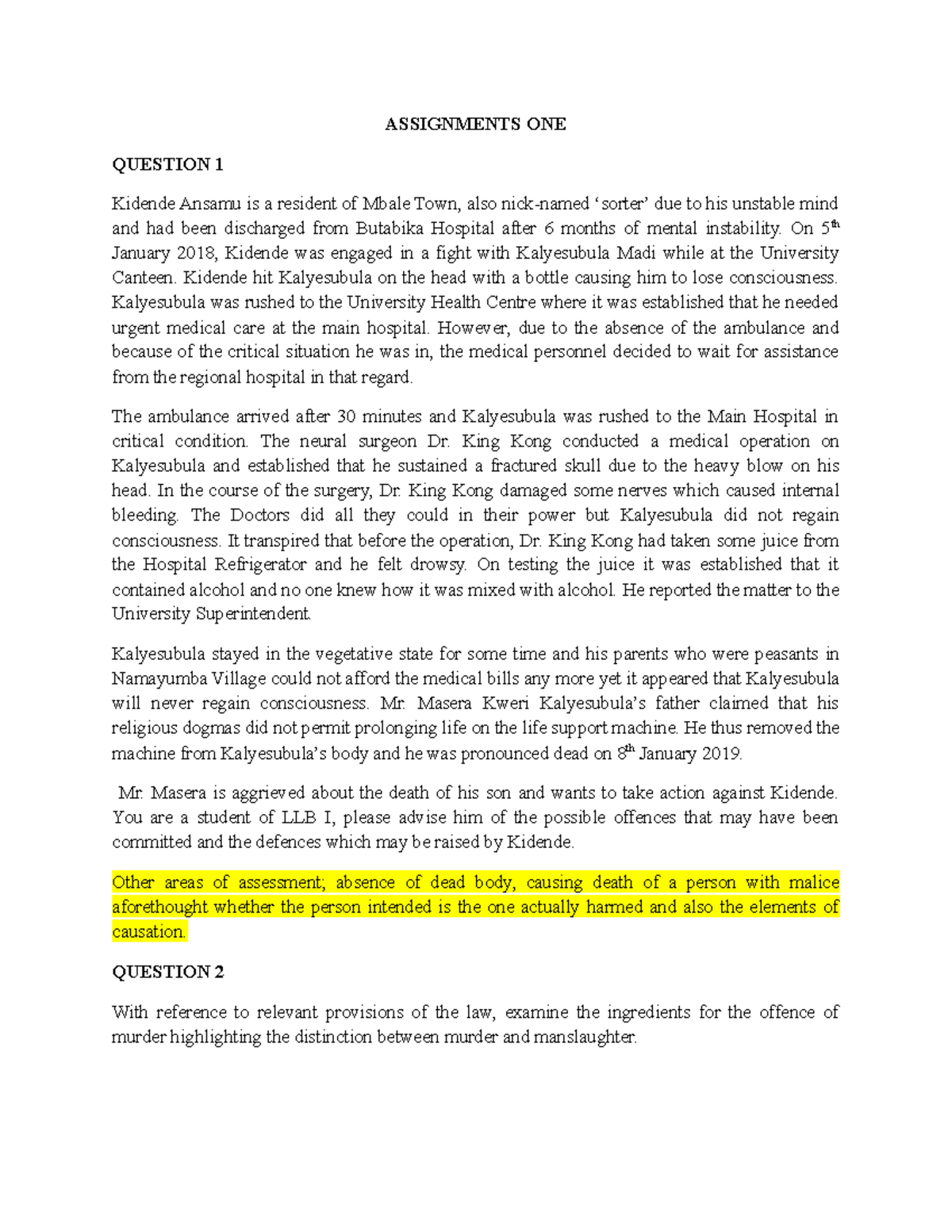 LLB I Assignment: Legal Analysis of Homicide and Defences - Studocu