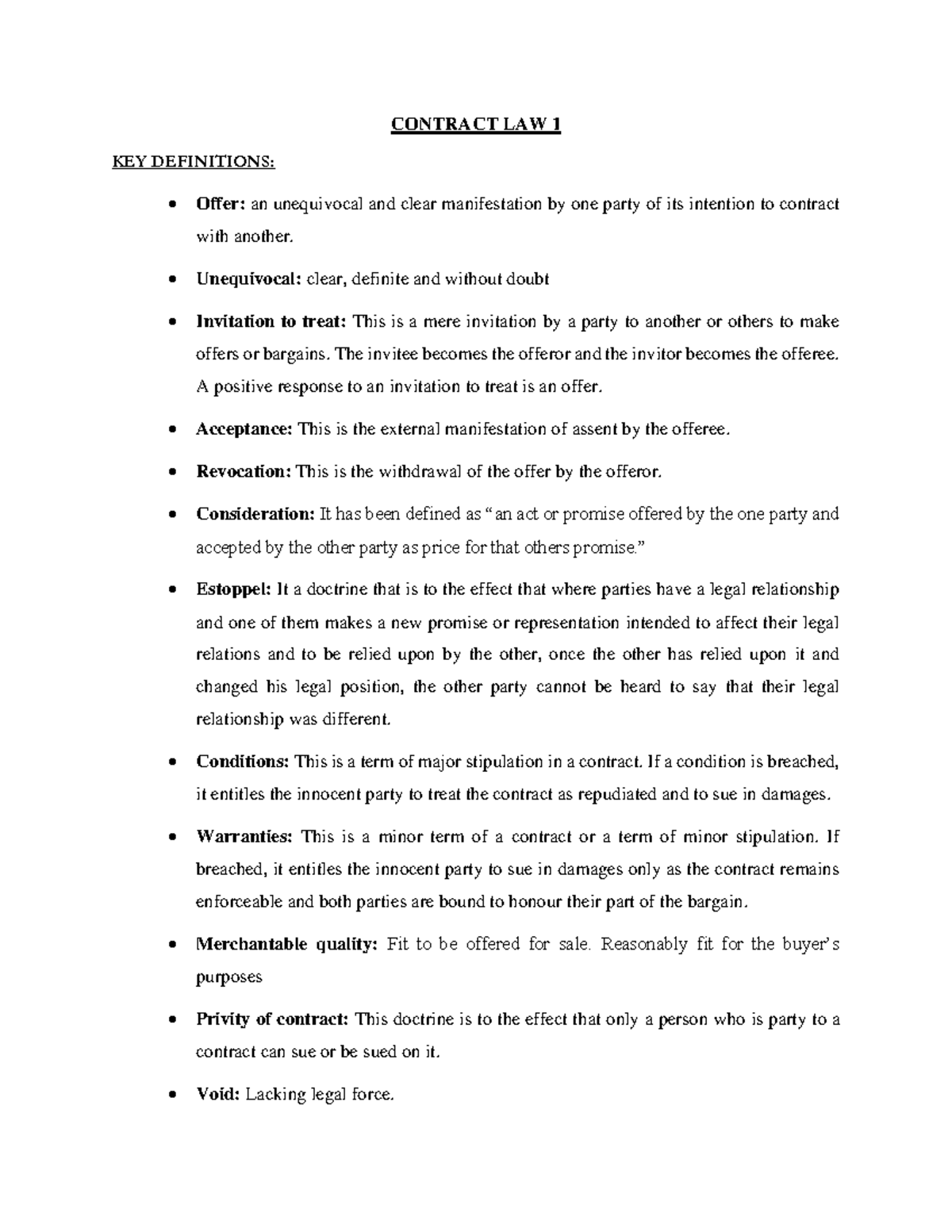 Contract LAW 1 - Notes 2023 - CONTRACT LAW 1 KEY DEFINITIONS: - Offer ...