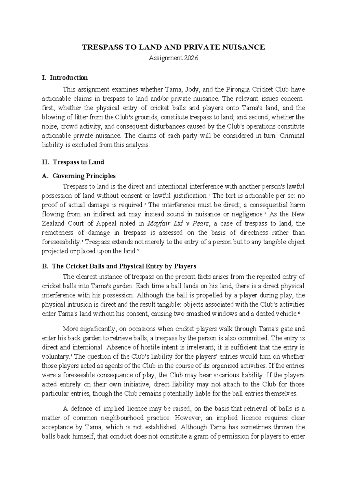 Trespass to Land and Private Nuisance Analysis - Assignment 2026 - Studocu