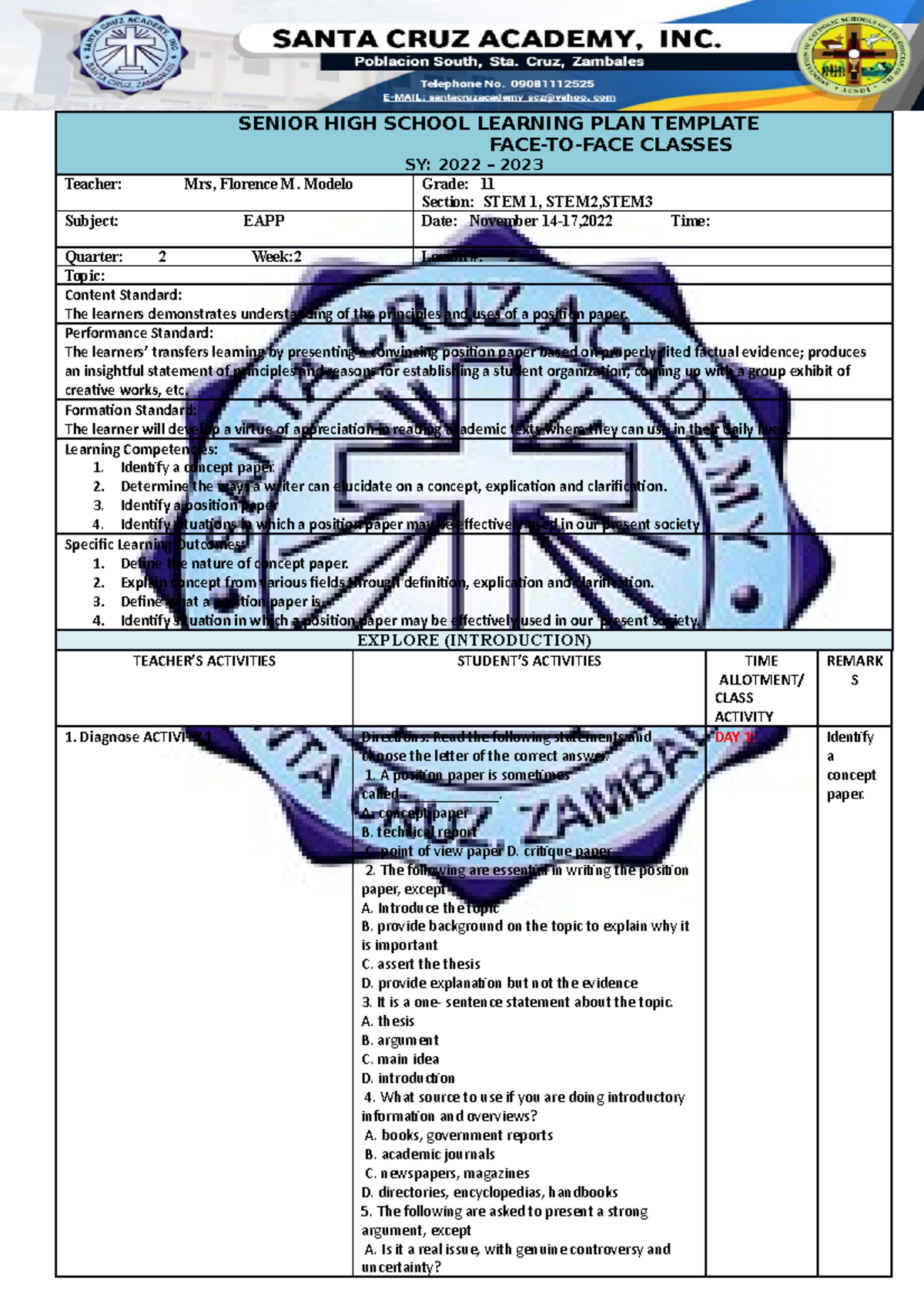 EAPP-LP-WEEK2-Week 2 Learning Plan for Quarter 2 (SY 2022-2023 ...