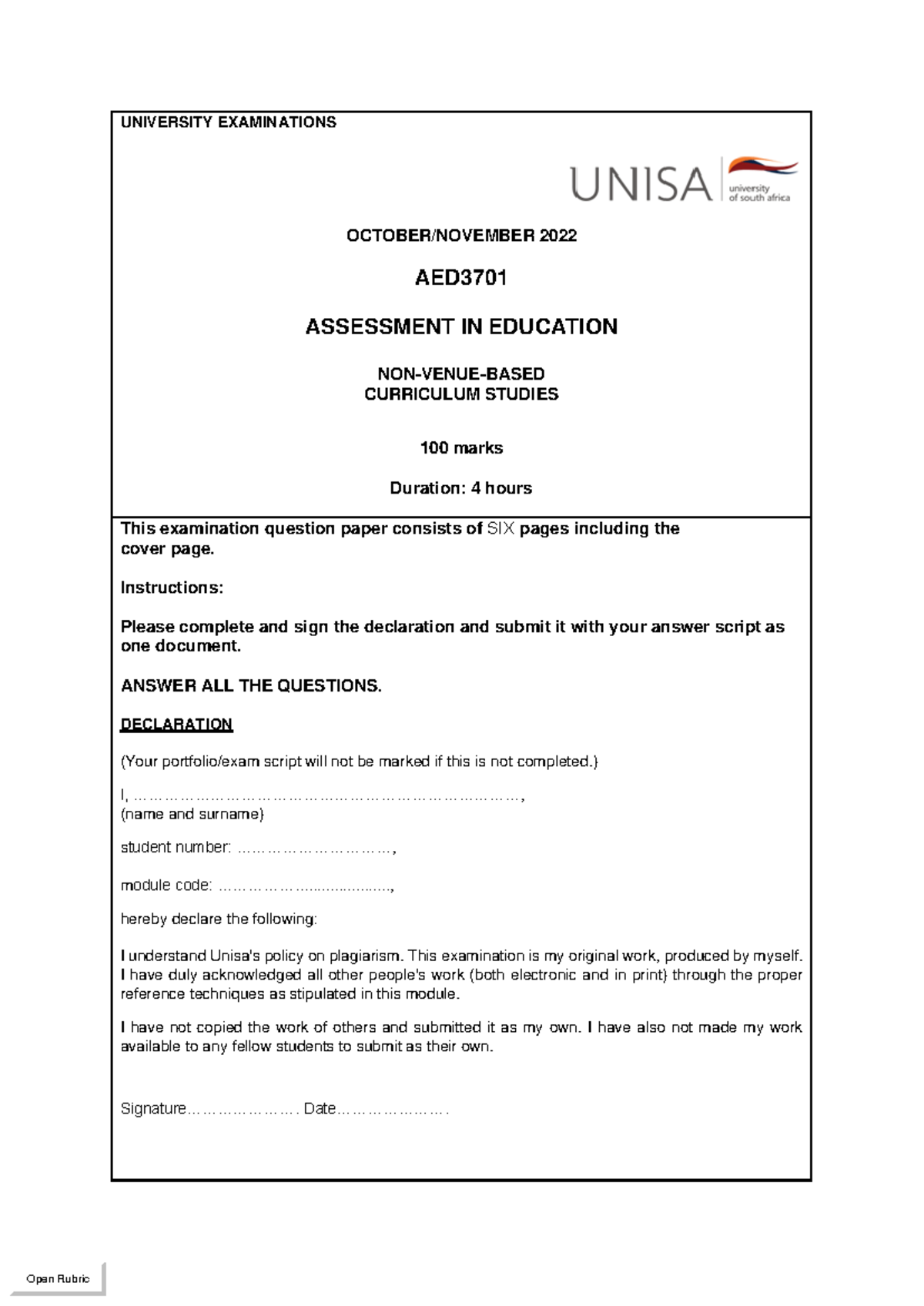 AED3701 OCT/NOV 2022 Final Exam Question Paper and Instructions - Studocu