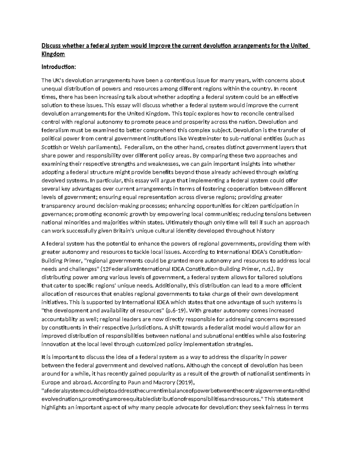 Devolution and federalism: An essay on improving UK governance - Studocu