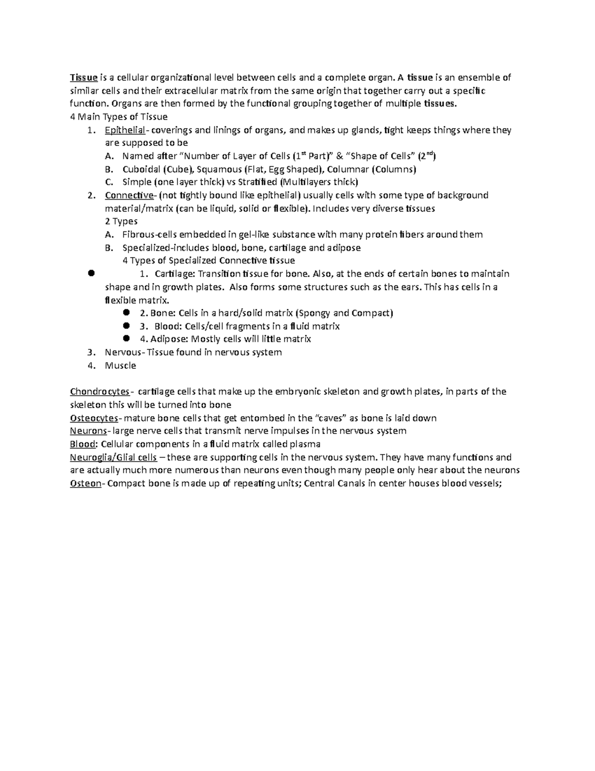 Bios 1030 - Exam II Notes on Tissue Types and Functions - Studocu