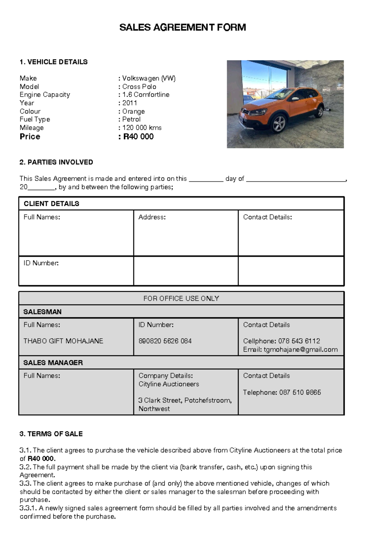 Sales agreement form (auction) 084537 - SALES AGREEMENT FORM 1. VEHICLE ...