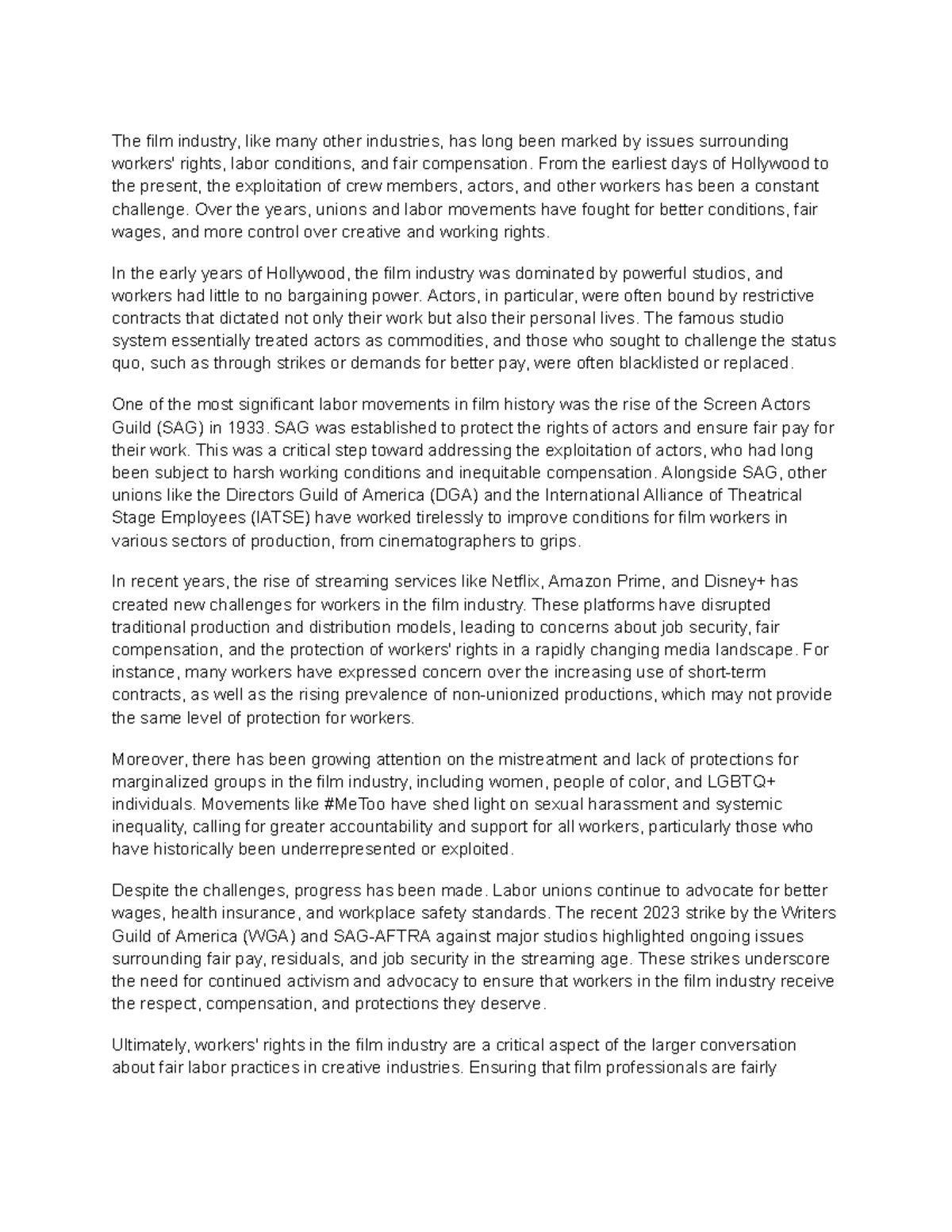 Workers' Rights and Labor Conditions in the Film Industry: A Call for ...