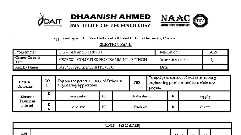 CS25C02 COMPUTER PROGRAMMING: PYTHON - Question Bank - Studocu