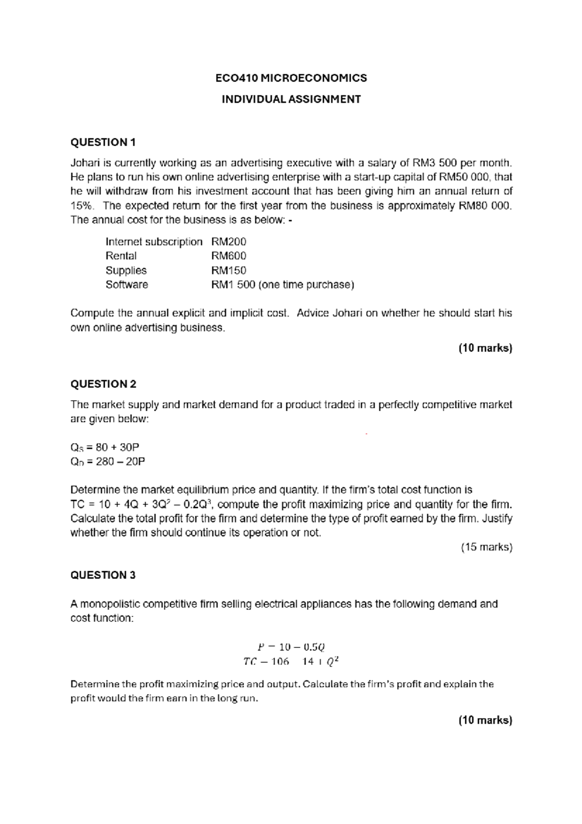 ECO410 Microeconomics Individual Assignment Analysis and Solutions ...