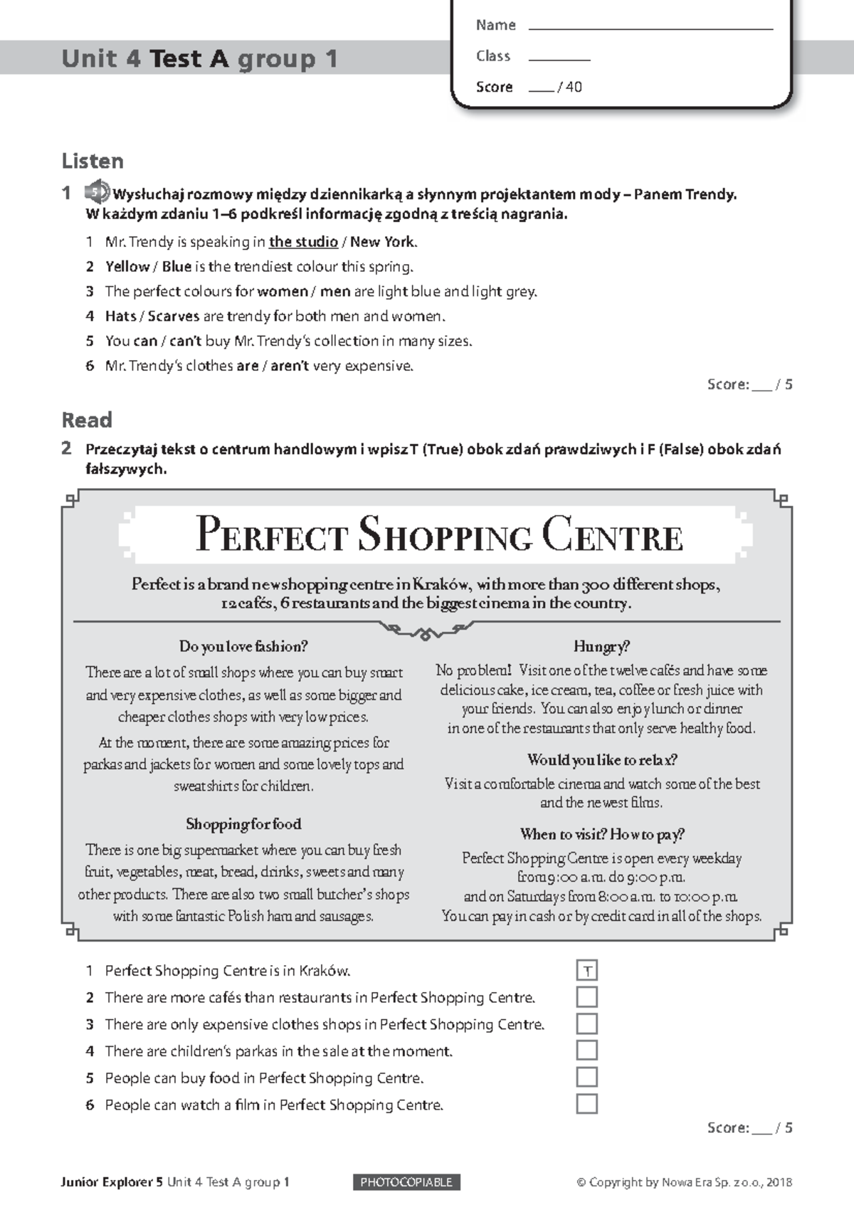 Junior Explorer 5 Unit 4 Test A Group 1 Assessment Document Studocu