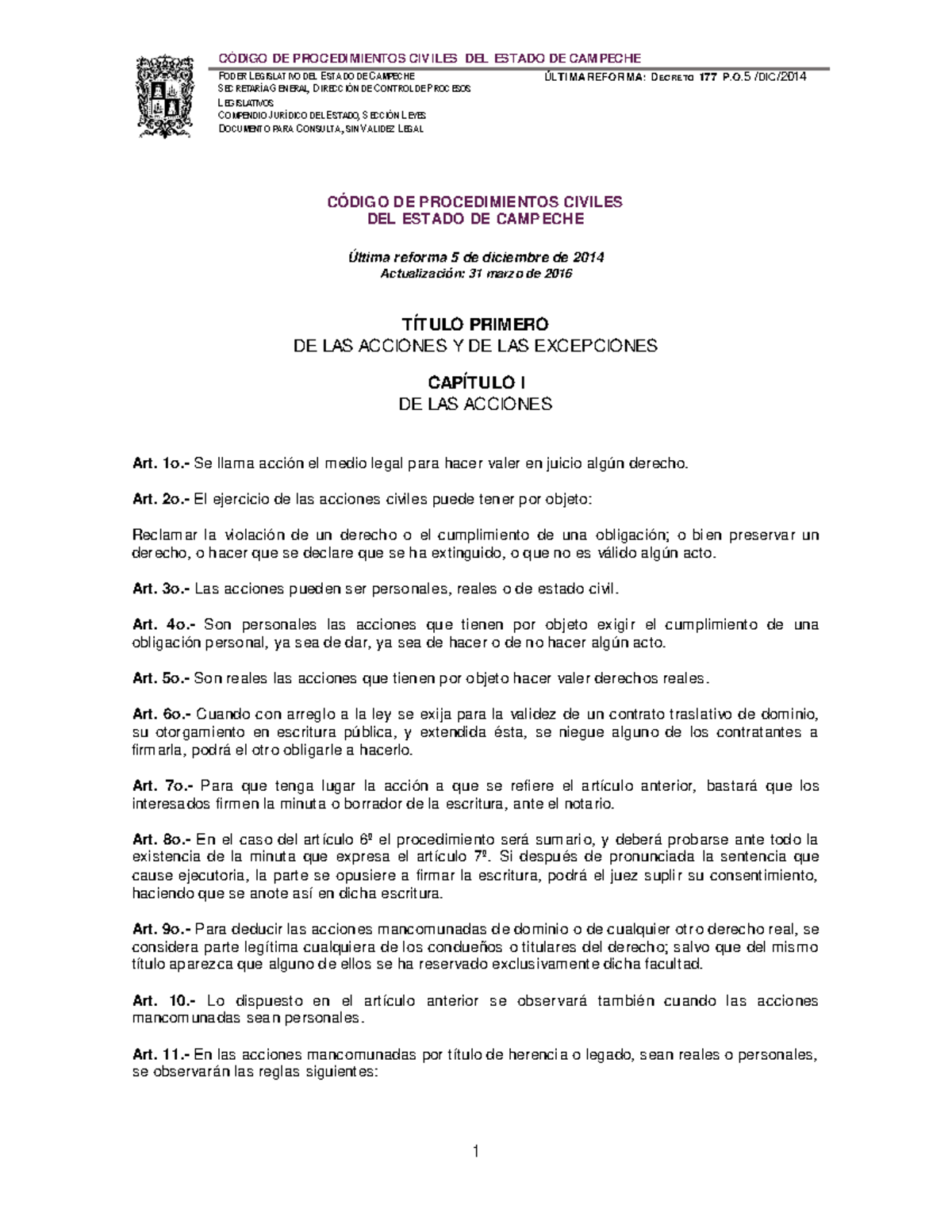 Código de Procedimientos Civiles del Estado de Campeche: Compendio