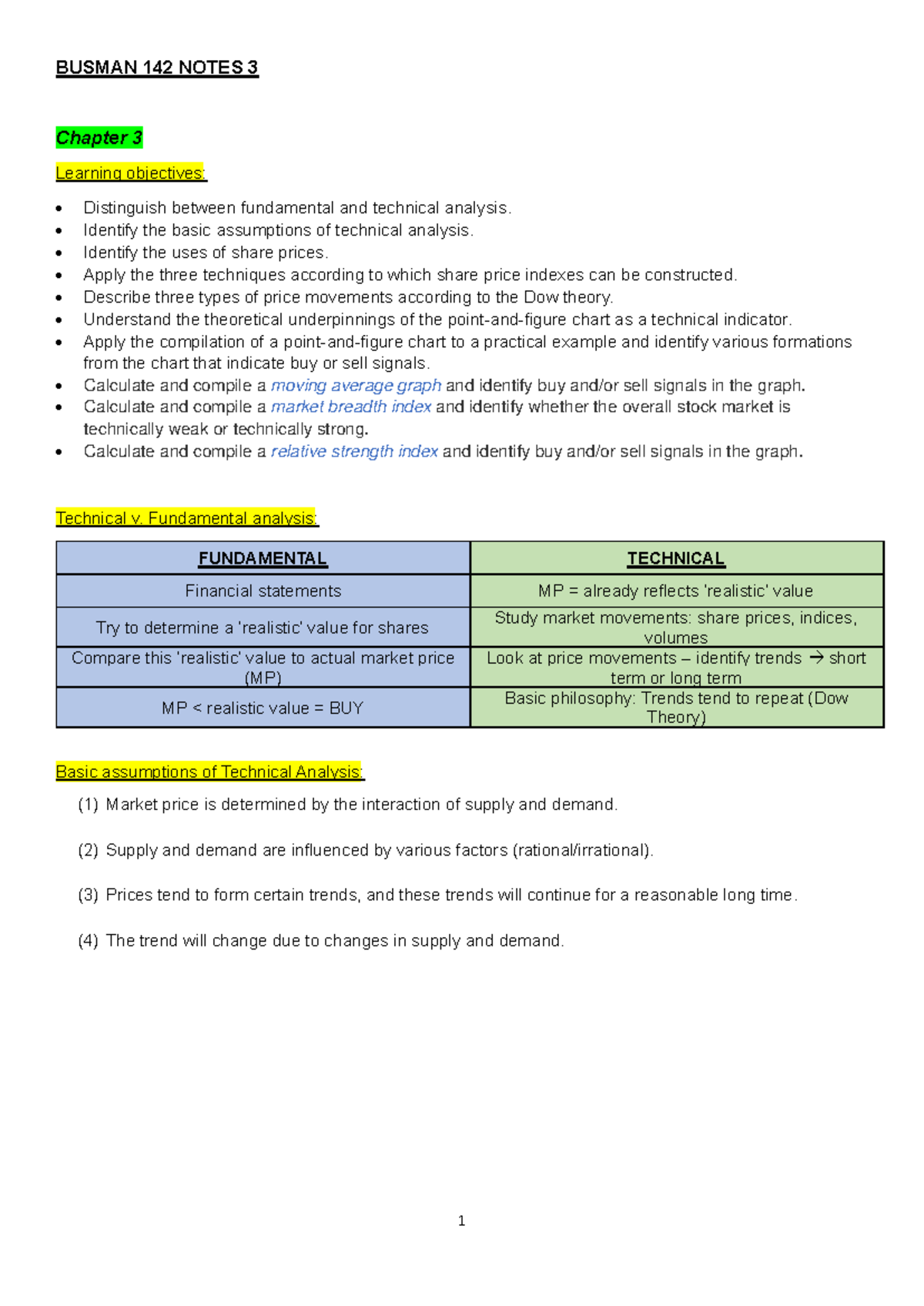 BUSMAN 142 Chapter 3 Notes on Technical Analysis Concepts - Studocu