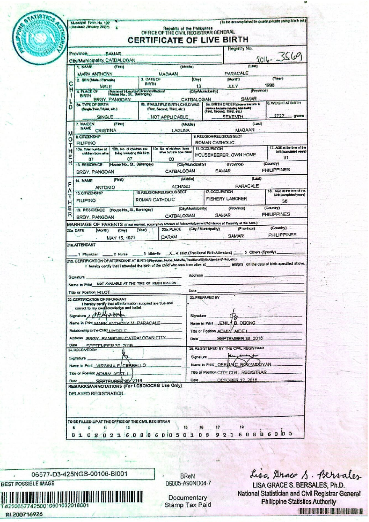 Certificate of Live Birth - Civil Registrar General (BAMAR) - Studocu