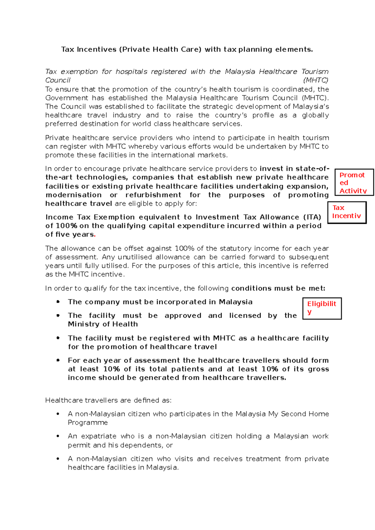 Tax Incentives for Private Health Care: MHTC Guidelines and Planning ...